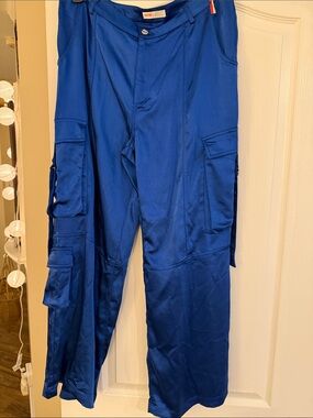 Wide Leg Cargo Jumpsuit Pants in Royal Blue